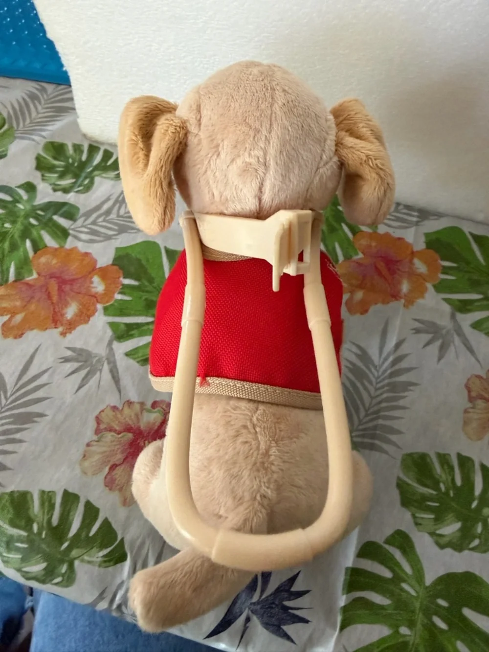 Plush Guide Dog Toy Carrier with Red Vest - Tan